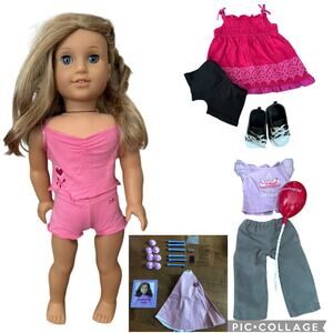 American girl doll blond blue eyes earrings birthday tee balloon hair curls set
